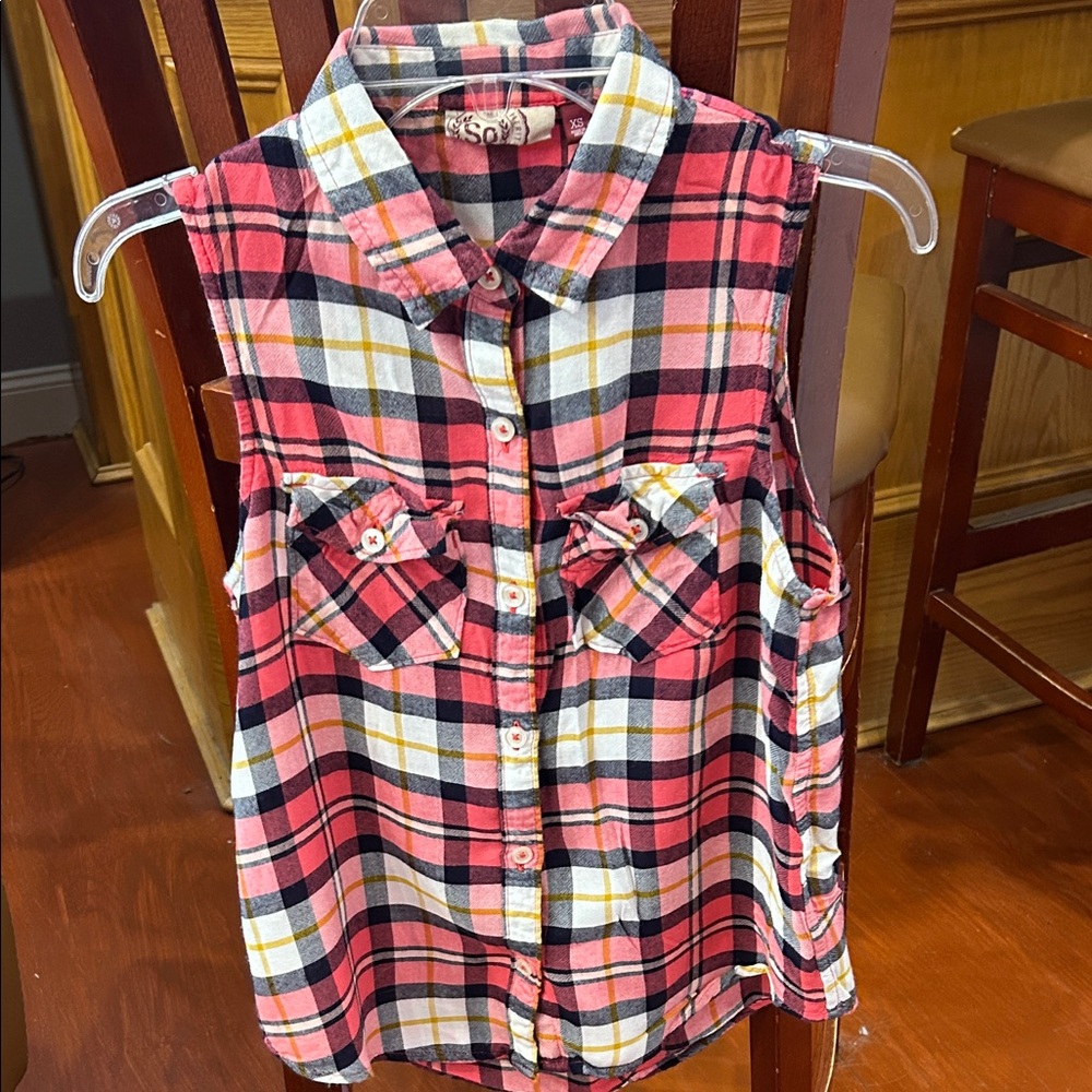 SO Red and Black Plaid Sleeveless Shirt
